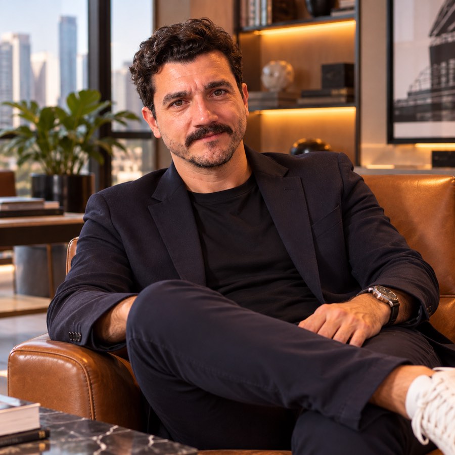 Julio Aguiar sentado em uma poltrona, de blazer escuro